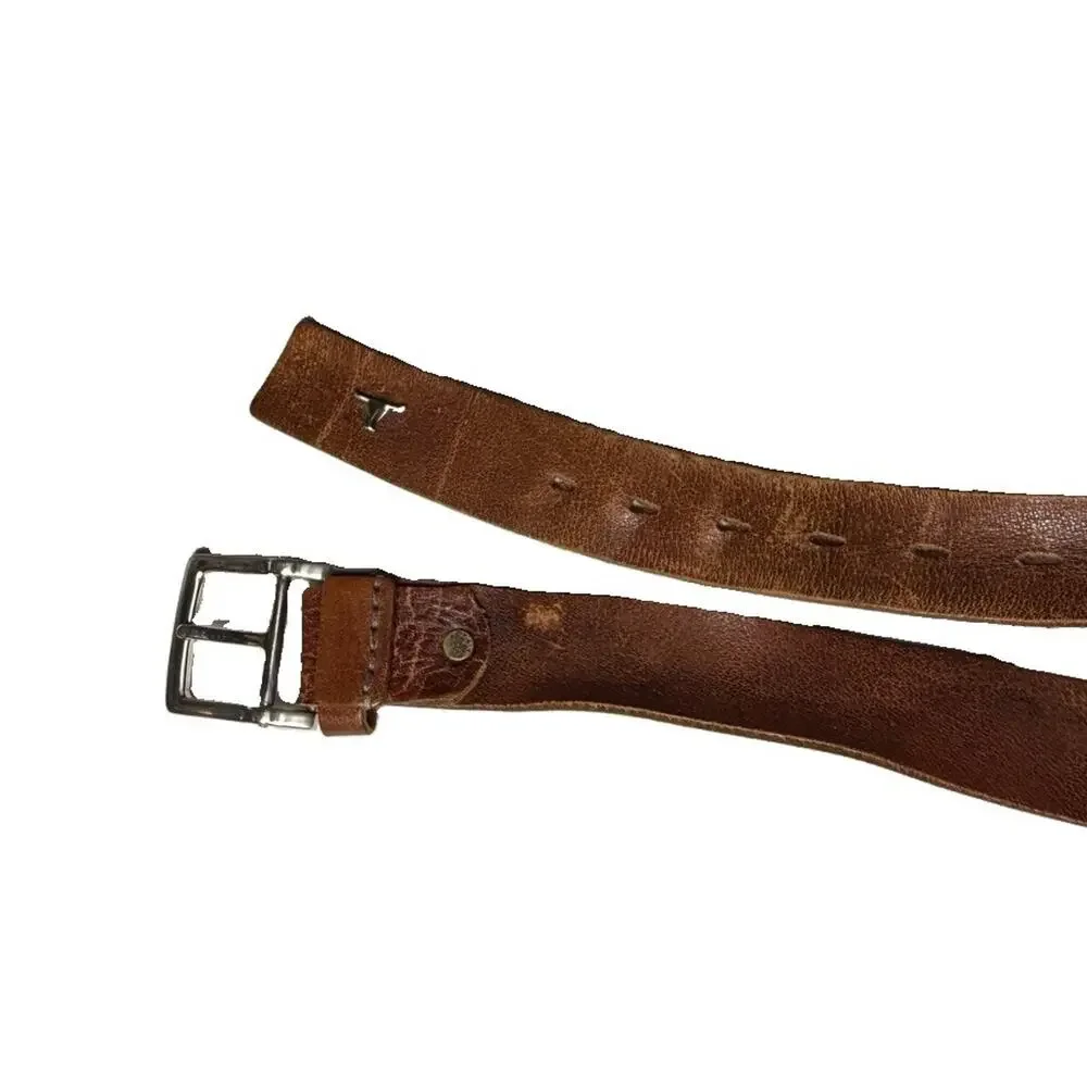 Vintage Mens Brown Leather Belt Size 42 / 44 Texas Longhorn Logo Unbranded
